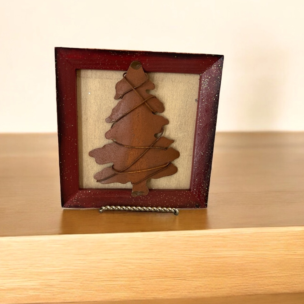 Wooden framed farmhouse style Christmas tree on stand